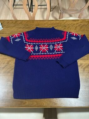 jcpenney Navy Turtleneck Sweater Red & White Fair Isle Yoke Vintage Fisherman